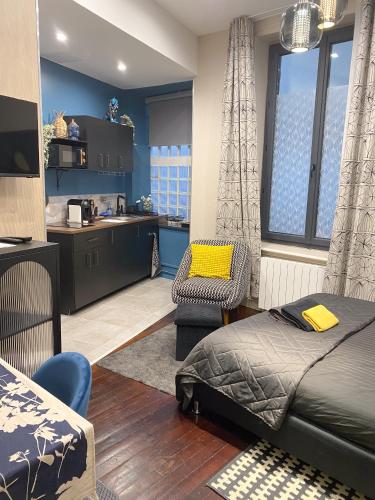 une chambre avec un lit et une cuisine dans l'établissement Studio chic & romantique, à Caluire-et-Cuire