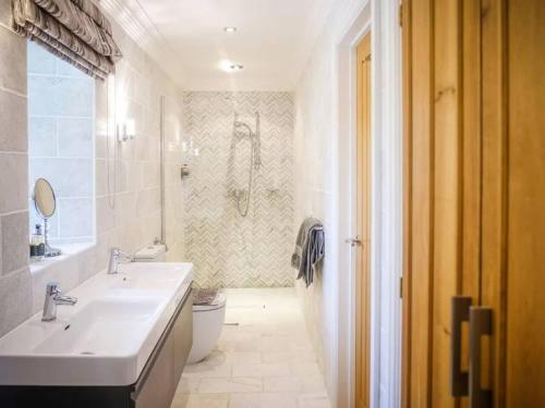 een badkamer met een wastafel, een toilet en een douche bij Chic Clock Tower with Gardens Close to Beaches in Johnston