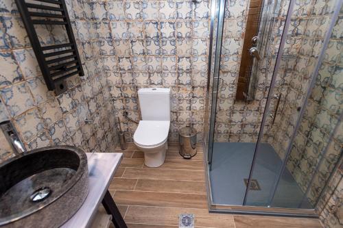 a bathroom with a toilet and a sink and a shower at Nostos Country House in Tsagarada