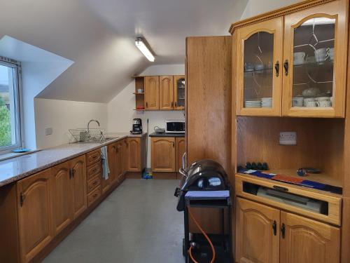 a large kitchen with wooden cabinets and a counter at The Boat House Waterside Home in Adrigole