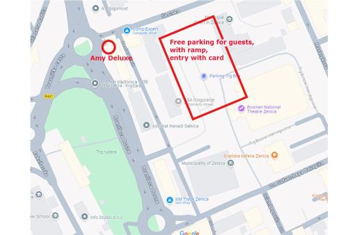 a map of a free parking for guests with any city with end at Apartman "Amy Delux" in Zenica