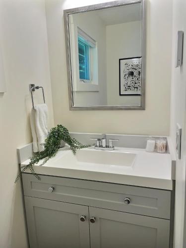 a bathroom with a sink and a mirror at Alpine Chalet Grill, Fire pit, Pool, Gym, CornHole in Killington