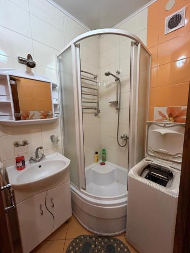 a small bathroom with a shower and a sink at Three Bedroom Stepana Bandery Street in Rivne