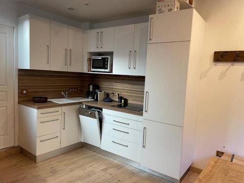 a kitchen with white cabinets and white appliances at À louer beau deux-pièces St-Etienne-de-Tinée in Saint-Étienne-de-Tinée