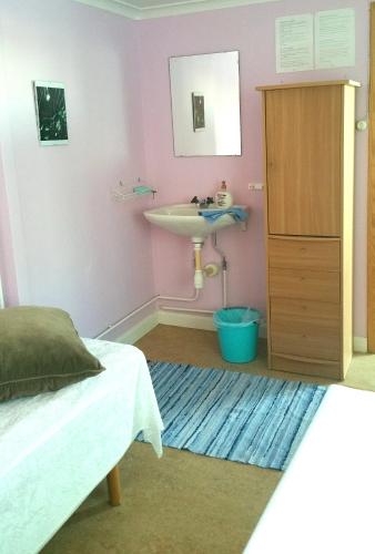 a bedroom with a sink and a bed and a bathroom at Stora Djulö Vandrarhem in Katrineholm