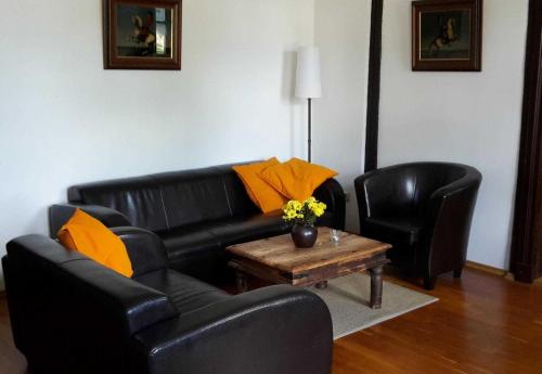 a living room with a black leather couch and two chairs at Ferienwohnungen im Bauernhaus _ Ob in Papendorf