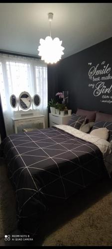 - une chambre avec un grand lit et une couette noire dans l'établissement Appartement 3 pièces Chenôve, à Chenôve
