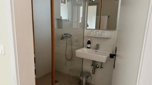a bathroom with a sink and a shower with a mirror at Pension Hanslmann in Steinbach am Attersee