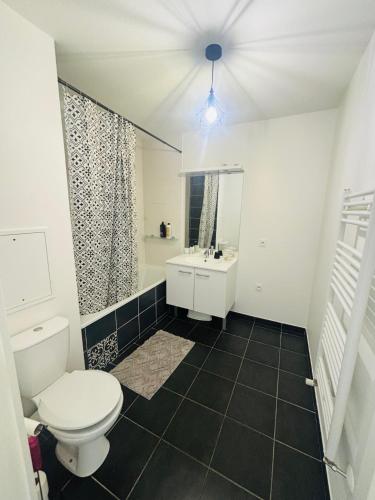 une salle de bain avec toilettes et lavabo dans l'établissement Lascano Parking GRATUIT proche Gare Aéroport Eurexpo GROUPAMA STADIUM, à Villeurbanne