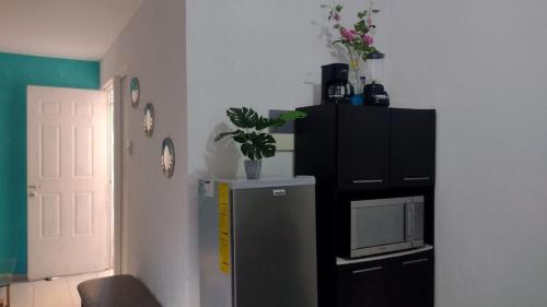 a room with a refrigerator and a black cabinet with a plant on it at Turquoise Comfort Haven in Cancún