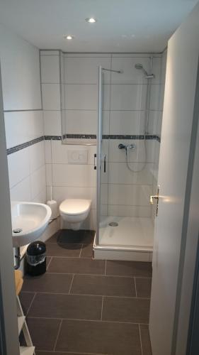 a bathroom with a shower and a toilet and a sink at Pension Weseraue in Holzminden