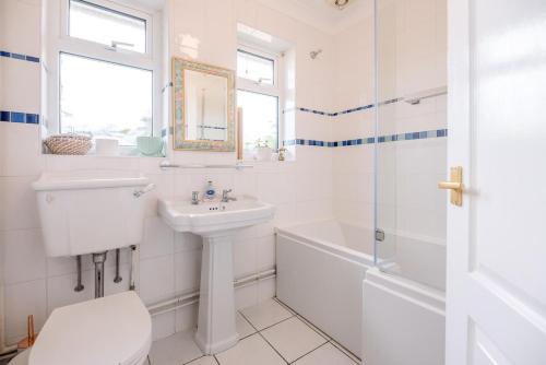 a bathroom with a sink and a toilet and a shower at Sunset Garden Cottage, Reydon in Reydon