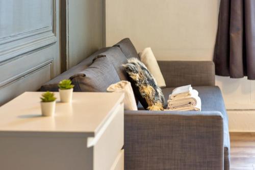 un salon avec un canapé et une table dans l'établissement Le Black Angel votre studio au cœur de Rouen !, à Rouen