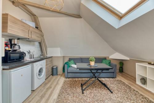 Il dispose d'une cuisine et d'un salon avec un canapé et une table. dans l'établissement Le Nature un joli F2 au cœur de Rouen !, à Rouen