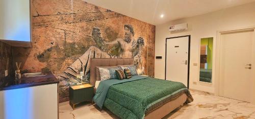 a bedroom with a mural on the wall and a bed at Il Magnifico Superior Rooms 400m from Tiburtina Railway Station and 290m from Metro in Rome