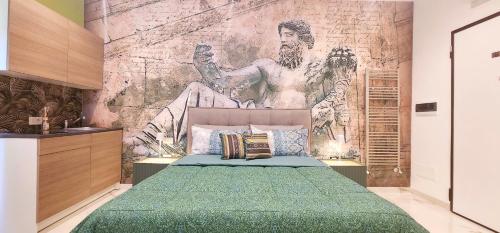 a bedroom with a bed with a mural on the wall at Il Magnifico Superior Rooms 400m from Tiburtina Railway Station and 290m from Metro in Rome