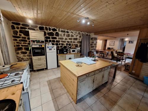 une grande cuisine avec un mur en pierre dans l'établissement Les chambres du Ray-Pic, à Péreyres