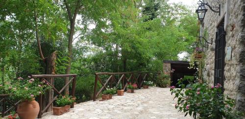 a walkway with potted plants and a building at Il rifugio del duca in Solopaca