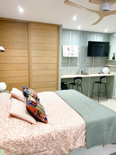 une chambre avec un grand lit et un bureau dans l'établissement Studio chic et romantique Lyon, à Villeurbanne