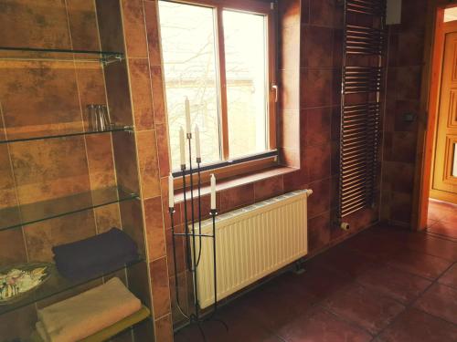 a bathroom with a window and a glass shower at Ferienhaus am Pferdehof in Schapow