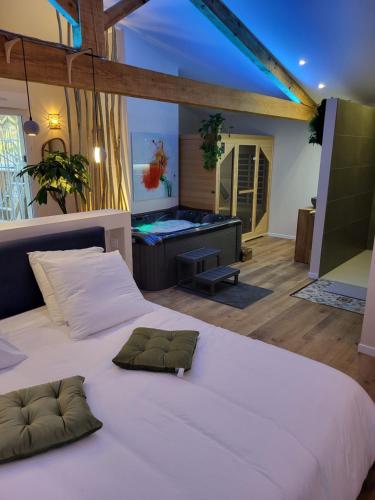 - un grand lit blanc avec 2 oreillers dans l'établissement Suite l'Olive Sacrée Spa et Sauna, à Cabannes