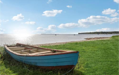 a blue boat sitting on the grass near the water at Cozy Home In Bjert With Wifi in Binderup Strand