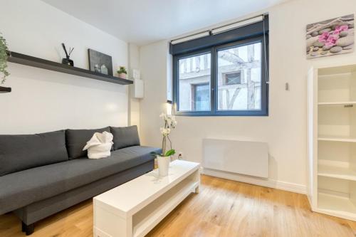 un salon avec un canapé et une fenêtre dans l'établissement Christophe Studio Rouen centre, à Rouen