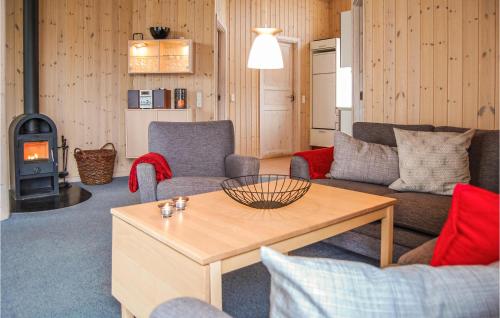 a living room with a couch and a wood stove at Holiday Home Baunebjergvej Hvide Sande in Havrvig