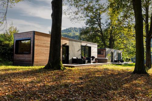 una casa en el bosque con un perro sentado frente a ella en Glamping Pod Lipami, en Dolní Bečva