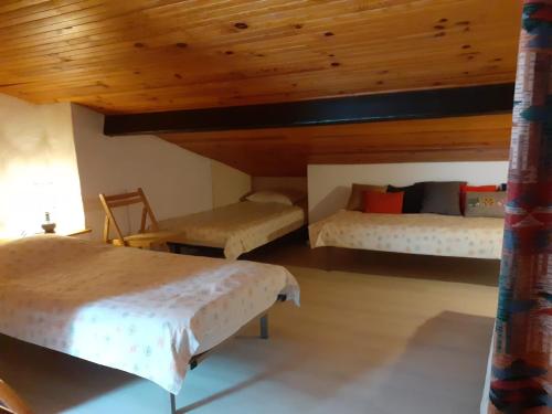une chambre avec deux lits et un plafond en bois dans l'établissement Appartement Calme et Spacieux, à Cauterets