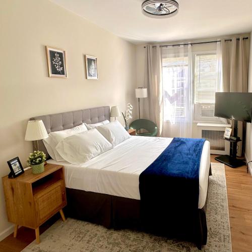 a bedroom with a large bed with a blue blanket at Newly Renovated 1 Bedroom Executive Apartment in Kearny