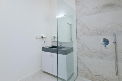 une salle de bain avec un lavabo et une douche en verre dans l'établissement Appartement de vacances Carsac 3, à Carsac-de-Gurson