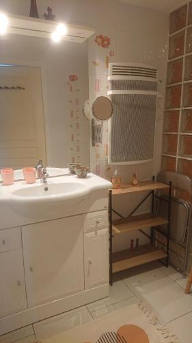 une salle de bain avec un lavabo et un miroir dans l'établissement La maison des glycines, à Onesse-et-Laharie