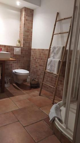 La salle de bains est pourvue de toilettes et d'une échelle. dans l'établissement Appartement climatisé, 4 personnes, proche Calvi, à Calenzana