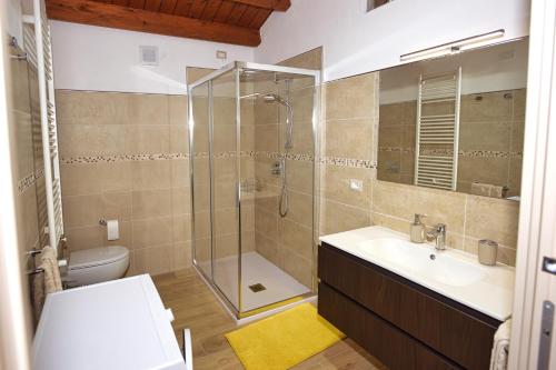 a bathroom with a shower and a sink and a toilet at Casa di Nonna Rosa e Nonno Ciccito in Masullas