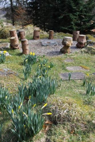 a garden with flowers and a bench in the grass at Our Log House in the woods in Balnald
