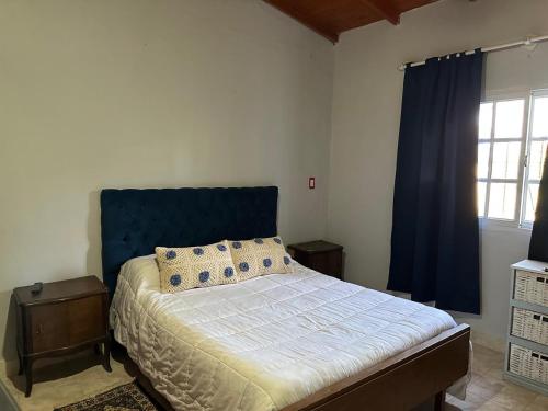 a bedroom with a bed with a blue headboard at Doña Sara in Gualeguay