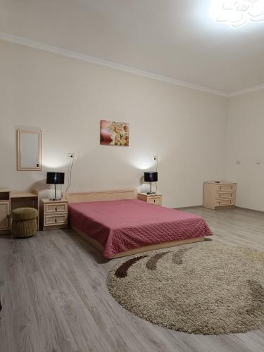 una camera con un letto e due tavoli e un tappeto di 2-х кімнатна квартира в центрі міста, поруч з Кобилянською вулицею a Černivci