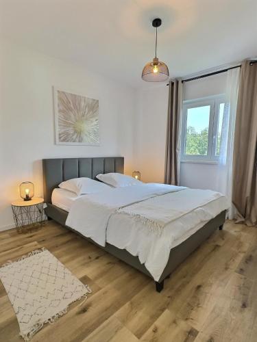 une chambre avec un grand lit et une fenêtre dans l'établissement Alsace Colmar Appartement climatisée garage, parking et terrasse, à Colmar