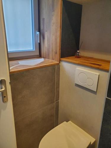 Elle comprend une petite salle de bains pourvue de toilettes et d'une fenêtre. dans l'établissement Studio rez de chaussée maison proximité station ski, à Vizille