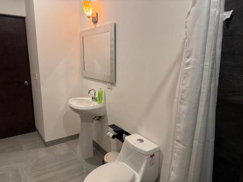 a bathroom with a toilet and a sink and a mirror at Residencial Sabina in Cabo San Lucas