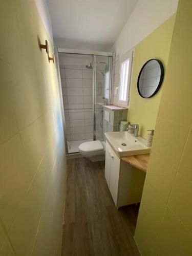 une salle de bain avec toilettes, lavabo et miroir dans l'établissement Le Pastel YourHostHelper, à Narbonne