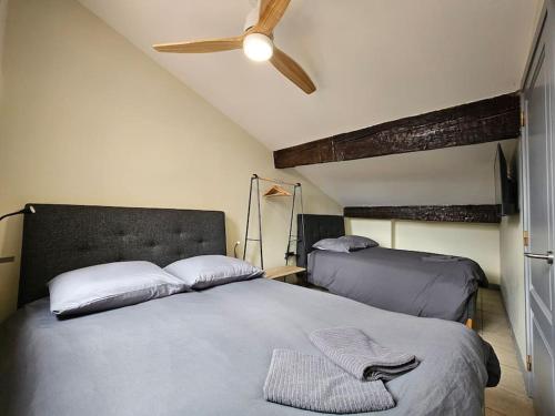 une chambre avec un lit et un ventilateur de plafond dans l'établissement Centre-ville historique - T3 rénové & moderne, à Toulouse