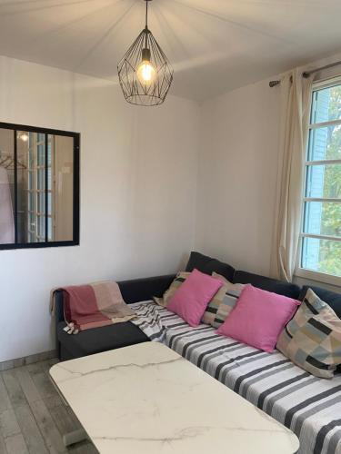 - un salon avec un canapé noir et des oreillers roses dans l'établissement Magnifique T2 Toulouse centre, à Toulouse