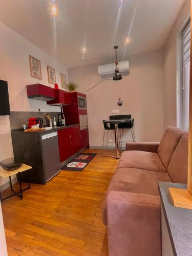 un salon avec un canapé et une cuisine dans l'établissement LE Cosy 155 Climatisé, à Tours