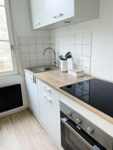 une cuisine avec un évier et un plan de travail dans l'établissement Cosy Angevin - Joli petit appartement, à Angers