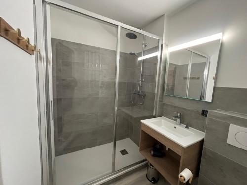 une salle de bain avec douche et lavabo dans l'établissement Avoriaz - Village Hauts Forts - 4 pers, 35 m², rénové, balcon sud-ouest, proche téléphérique - FR-1-633-78, à Morzine