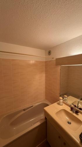 une salle de bain avec une baignoire et un lavabo dans l'établissement Appartement LE SORBIER aux pieds des pistes, à Saint-François-Longchamp