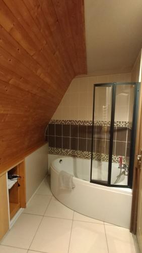 une salle de bain avec baignoire dans une chambre dans l'établissement Appartement au pied du château, à Montbéliard