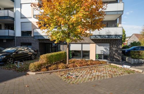 a tree in a garden in front of a building at REITZ - Apartment I Zentrale Lage I Stellplatz I 55qm I 2 Zimmer I Küche I Bad I Terrasse in Bad Hersfeld